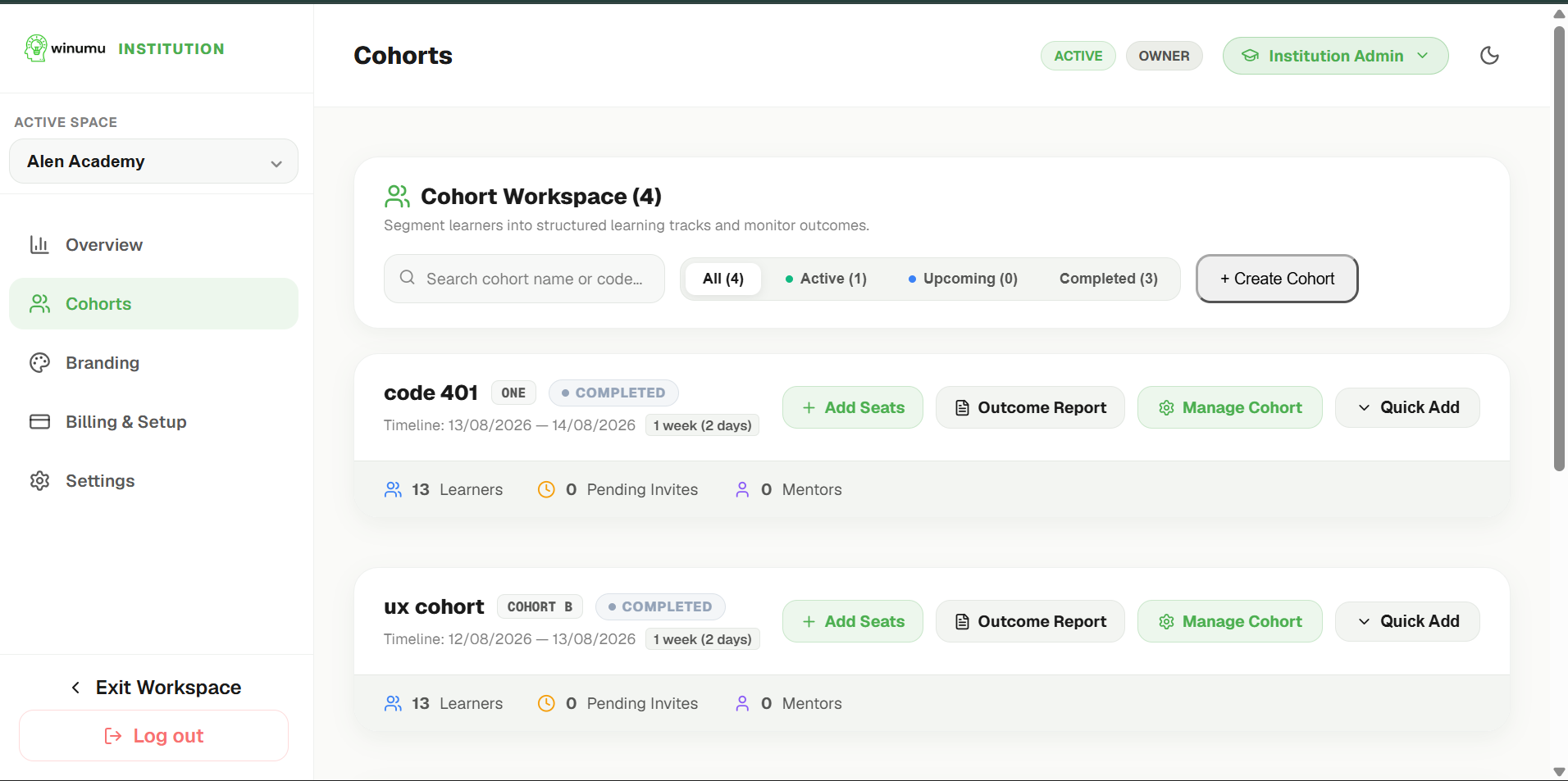 Winumu cohort management showing active learners and seat quotas